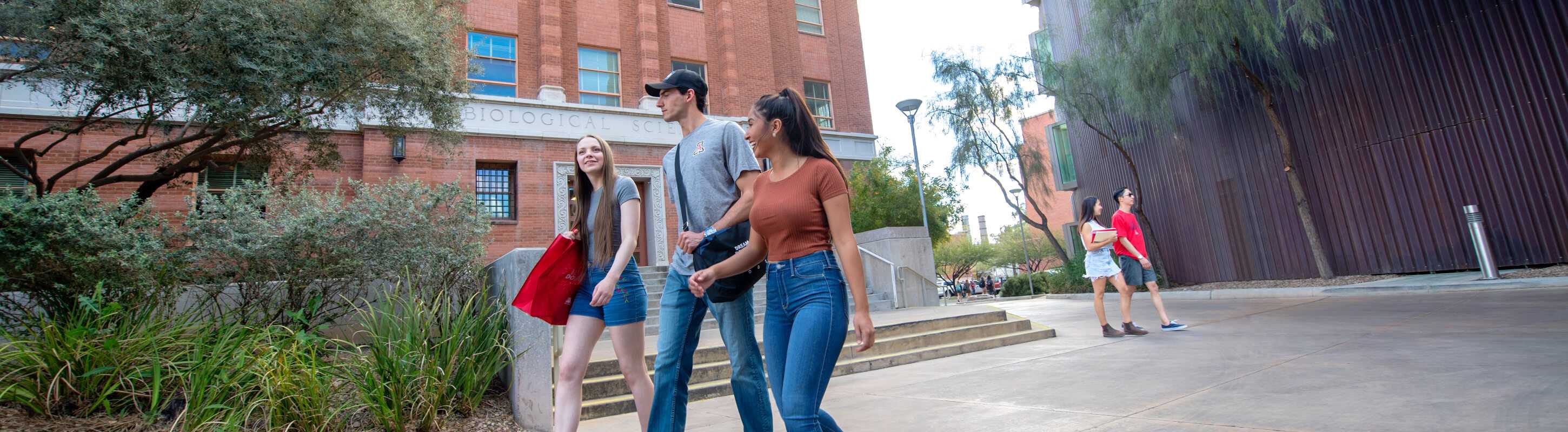 Three students casually dressed walking together